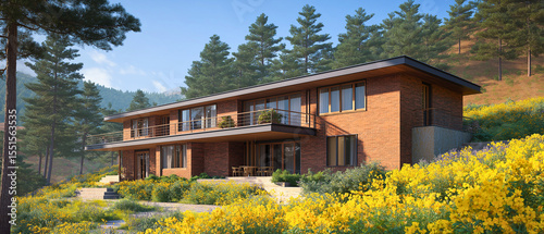  A modern rural brick house with clean lines, symmetric windows,