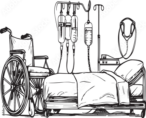 Hand-Drawn Hospital Room Scene with Bed, Wheelchair, and Medical Equipment – Black and White Illustration

