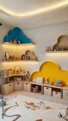Kids’ playroom, colorful shelves with toys, clean carpeted floor, and soft lighting creating a warm mood.