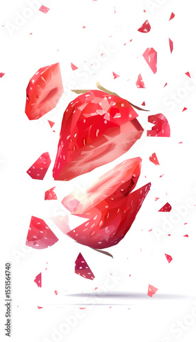 A vibrant sliced strawberry hovers in mid-air, showcasing its juicy interior and bright red exterior against a white backdrop
