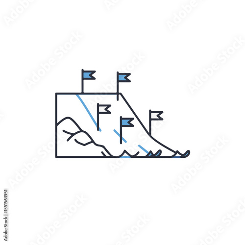 A minimalist illustration of a mountain slope with flags. 