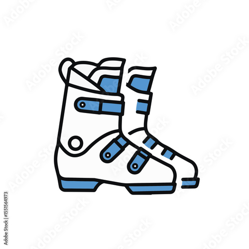 A pair of detailed and stylish blue and white ski boots on display.