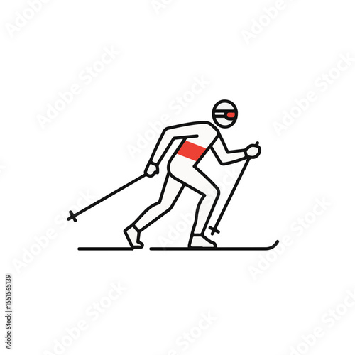 A minimalist line art illustration depicts a skier in action, skiing across a snow-covered landscape.