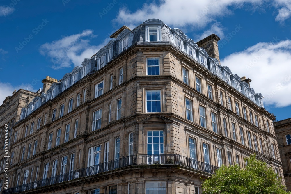 Fototapeta premium Stone building with multiple floors and windows under a blue sky with clouds
