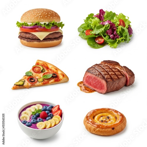 A colorful array of delicious foods including a cheeseburger, salad, pizza, steak, fruit bowl, and dessert, showcasing various cuisines.