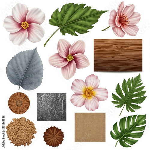 Collection of lush botanical elements featuring vibrant flowers and assorted textures.