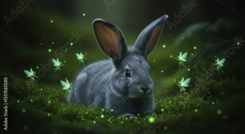 Enchanting Gray Rabbit Serene in Mossy Forest Surrounded by Glowing Green Fairies and Mystical Sparkles