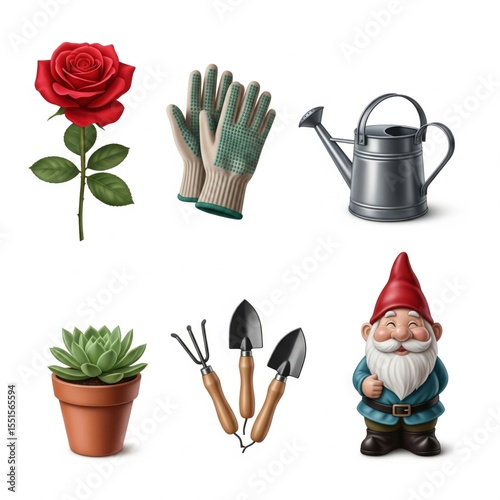 A vibrant collection of gardening essentials, including a rose, gloves, watering can, gnome, succulent, and tools.
