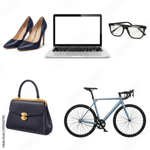 A stylish flat lay featuring elegant high heels, a laptop, glasses, a chic handbag, and a sleek bicycle.