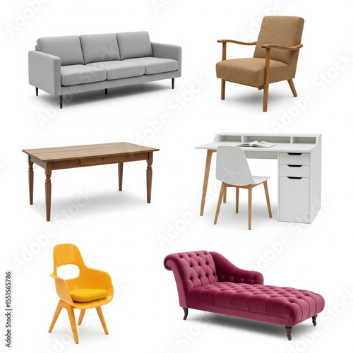 A stylish assortment of modern furniture pieces, showcasing a cozy gray sofa, elegant armchair, chic desk, and more.