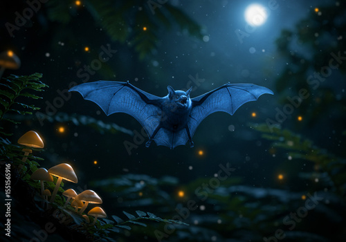 A beautiful bat with velvet-like fur in midnight blue, gracefully flying through a moonlit forest canopy, catching mosquitoes in an elegant dance, surrounded by glowing mushrooms and soft moonbeams