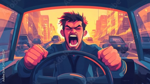 Aggravated Driver in Traffic Jam Expressing Road Rage with Intense Frustration