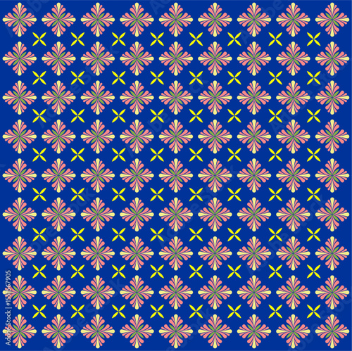 A vibrant symmetrical pattern of pink floral motifs and lime green accents arranged diagonally over a rich blue background, radiating elegance.