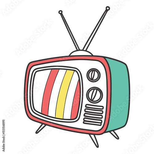 Retro television with antennae and colorful screen displaying vertical stripes in red yellow and white