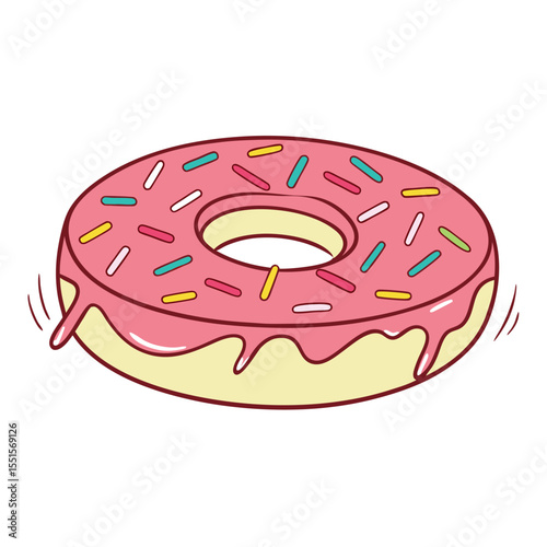 A delicious pink frosted donut with colorful sprinkles and dripping icing on a white background
