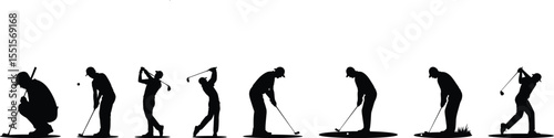 Silhouette vector illustration of professional male golf players in various stroke and posture actions