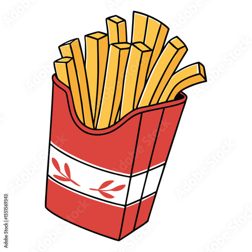 A stylized illustration of a red paper carton filled with golden french fries against a white background