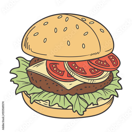 Delicious hand drawn burger with sesame seed bun lettuce tomato and cheese isolated on white