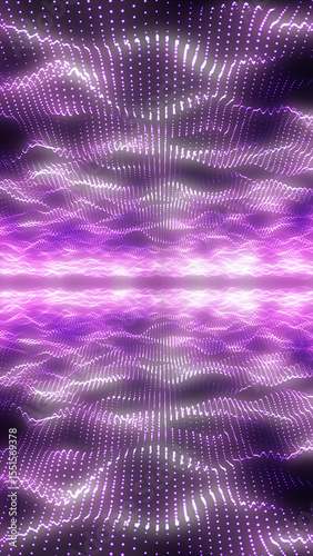 Abstract field of glowing purple light particles in wave-like motion, creating a sense of motion and digital symmetry