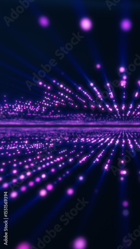 Field of glowing purple particles forming wave reflections on dark futuristic surface