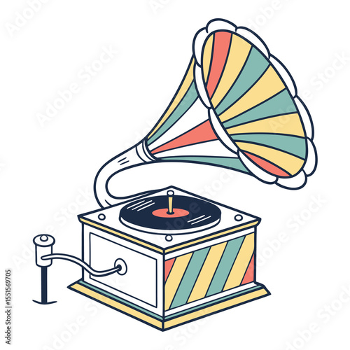 Retro vintage gramophone with colorful striped horn and turntable playing a record