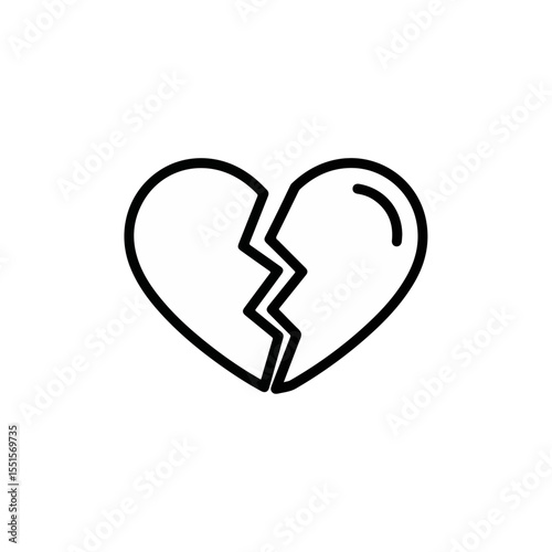 Bold Black Outlined Icon of a Broken Heart Split by Jagged Line on White Background