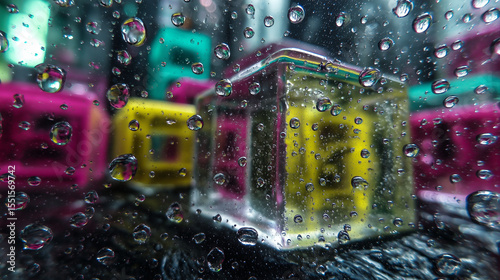 Macro shot of colorful cubes behind wet glass with water droplets, creating an abstract vibrant background effect.