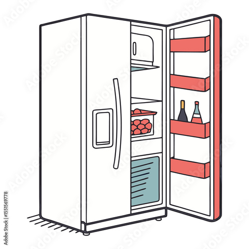 Open refrigerator with shelves holding bottles and food items in a clean modern style illustration