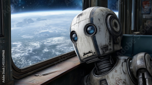 Lonely vintage robot gazes out a spaceship window at Earth from orbit, evoking nostalgia, curiosity, and futuristic wonder.