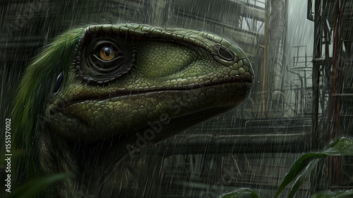 Close up of a green dinosaur head in the rain with industrial structures in the background, dramatic lighting.