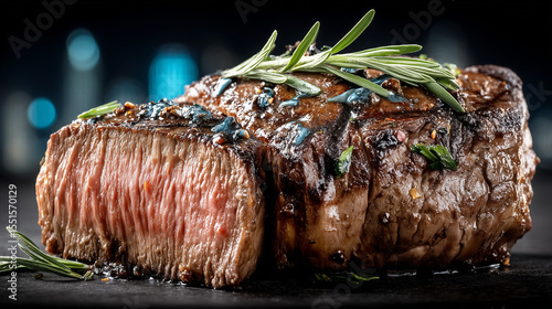 Juicy grilled steak cooked medium rare with fresh rosemary garnish, resting on a dark background with city lights bokeh.