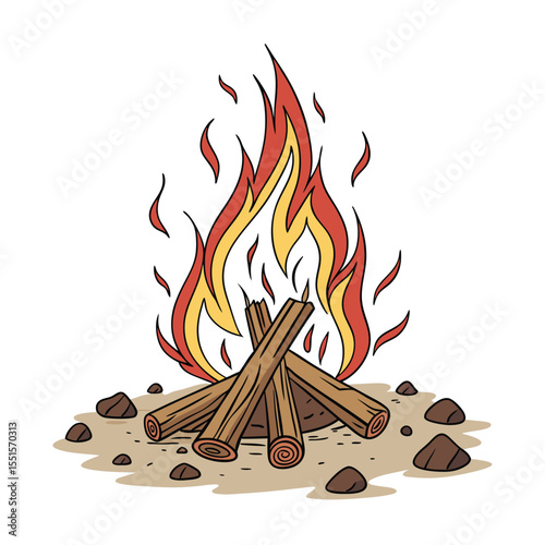Campfire Illustration: A vibrant illustration of a crackling campfire, perfect for representing warmth, adventure, and the great outdoors.