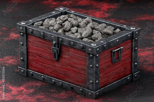 Red wooden chest with metal rivets filled with rough black stones, placed on a dark textured surface with red accents.