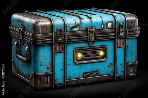 Futuristic blue metal storage crate with glowing lights, rugged details, and industrial sci fi design on black background.
