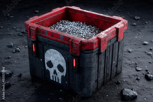Futuristic metal crate with red accents, filled with silver ore, featuring a skull symbol, on a rocky sci fi terrain.