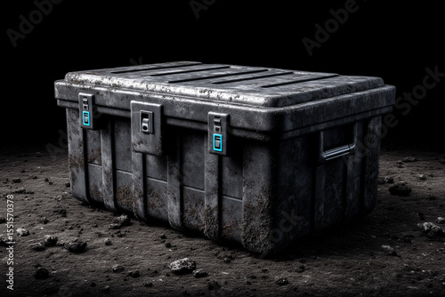 Sturdy metal storage container with weathered texture, sitting on a rocky surface against a dark background.