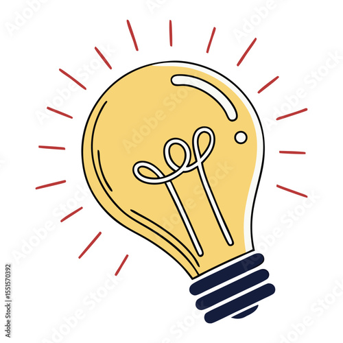 Bright yellow light bulb with red rays emanating outwards symbolizing a new idea or inspiration