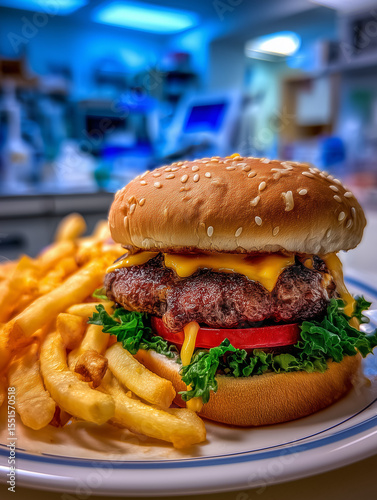Juicy cheeseburger with lettuce, tomato, and fries on a plate in a bright modern kitchen or laboratory setting.