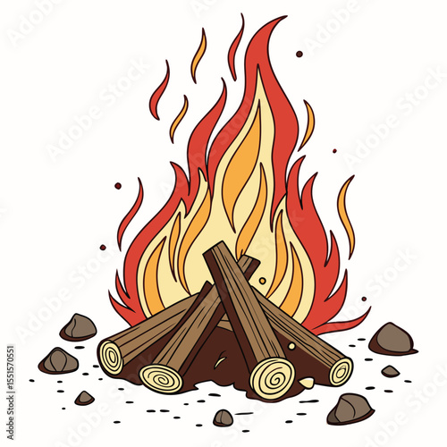 Campfire Blaze: A stylized illustration of a roaring campfire, featuring flames, wood logs, and scattered rocks, conveying the warmth, comfort, and adventure of outdoor life.