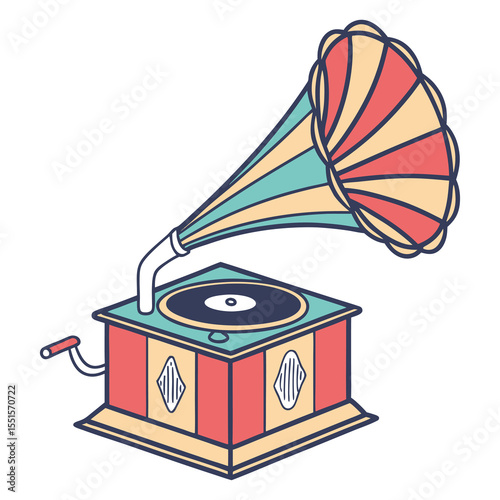 Retro gramophone with a colorful horn and vintage design playing music on a white background