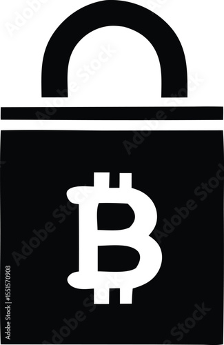 A black padlock icon with a white bitcoin symbol prominently displayed on its front symbolizing cryptocurrency security and protection