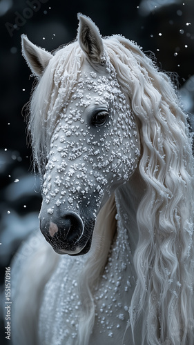 Majestic white horse with long braids, dusted in snow. Evokes magic, serenity, and the Chinese Year of the Horse.