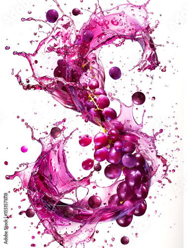 Colors burst as rich purple wine splashes surround juicy grapes, creating an energetic and vibrant visual experience.