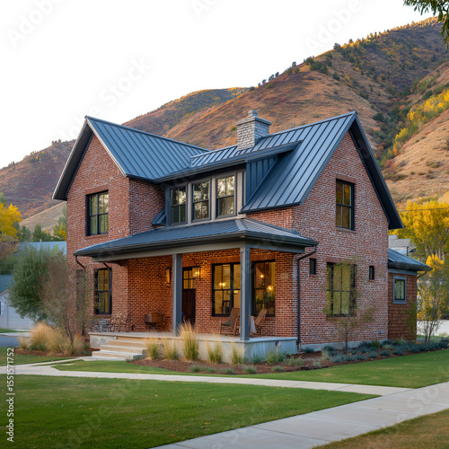 Modern farmhouse-style two-story home made of vintage red bricks