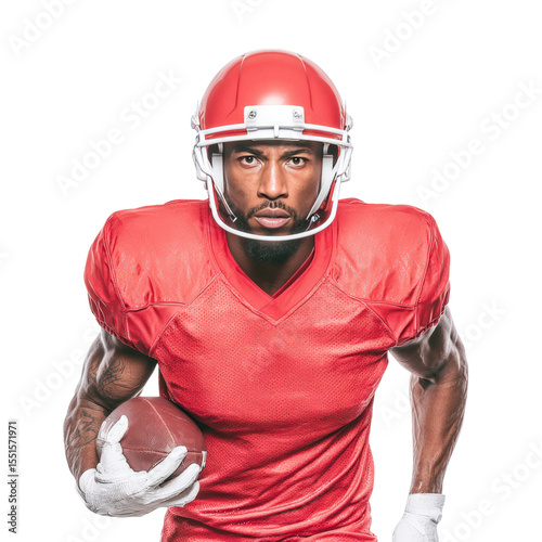 American football player in red uniform running with ball, strong determined expression, isolated on transparency background, athletic male, action pose, competitive sport