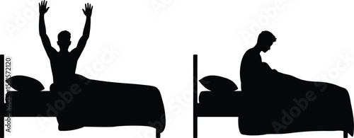 Minimal morning silhouette vector man stretching and sitting silently in bed after sleep