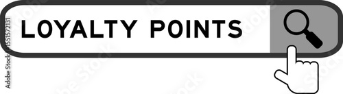 Search banner in word loyalty points with hand over magnifier icon on white background