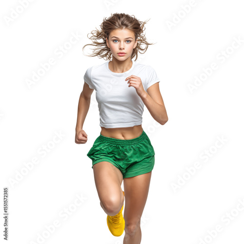 Full body length young female athlete sprinting at high speed, wearing white t shirt, green shorts, and yellow shoes, isolated on transparency background, energetic expression