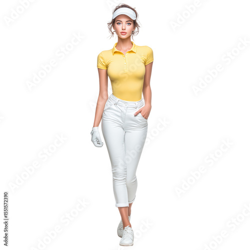 Elegant female golfer in yellow polo shirt and white pants walking confidently, wearing visor and golf glove, full body length, outdoor sports fashion style