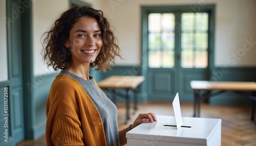 Smiling young woman with curly hair stands beside a ballot box in a bright room. She wears a gray shirt and orange cardigan, ready to vote.